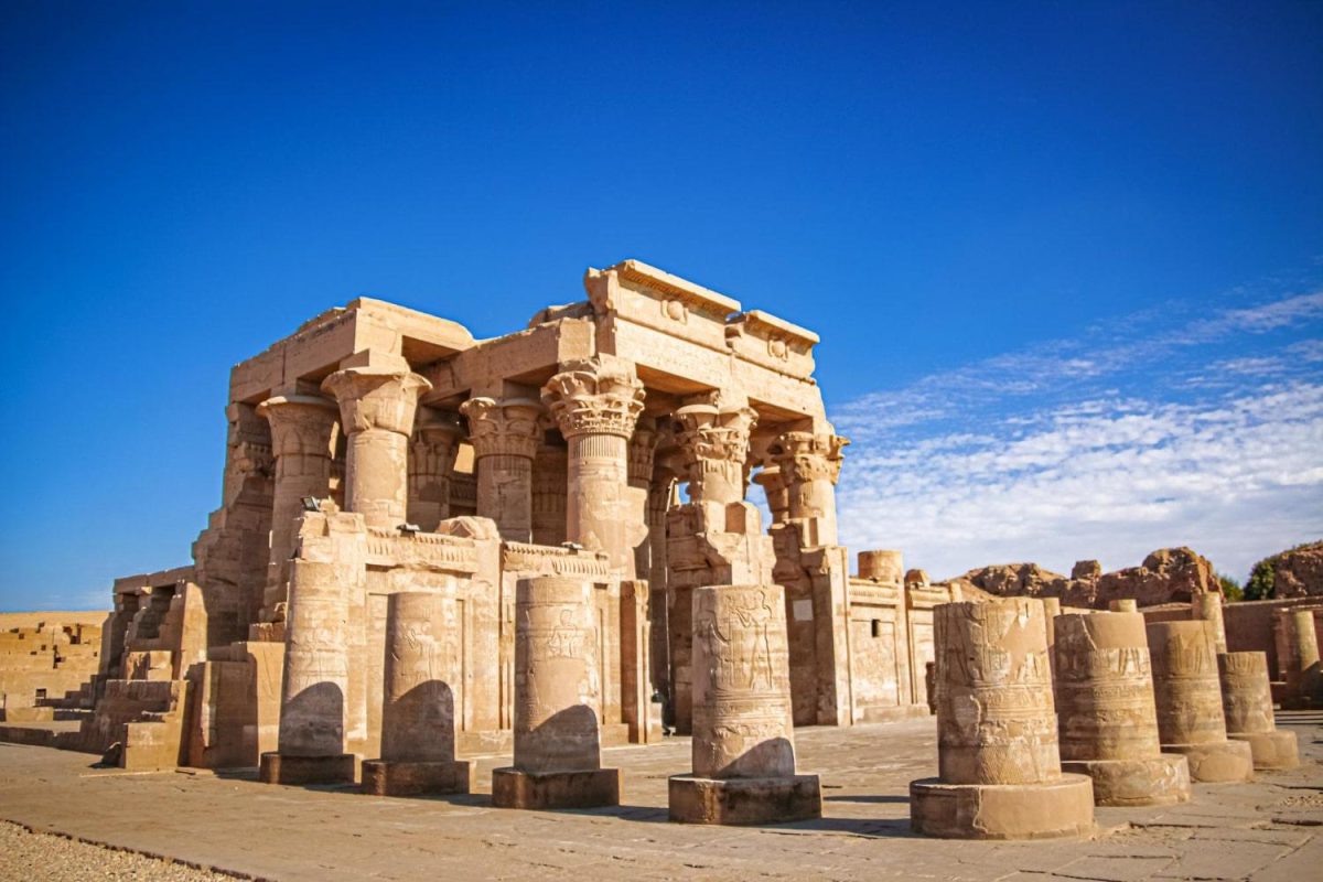 Kom Ombo Temple in Upper Egypt, showing twin sanctuaries of Sobek and Horus with intricate carvings by the Nile