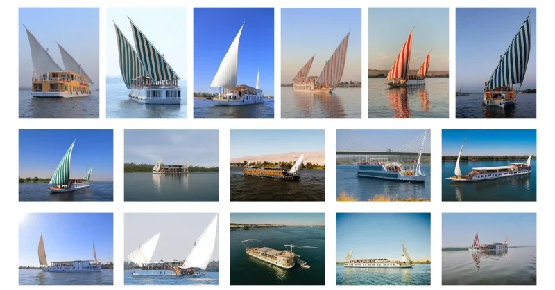A traditional wooden Dahabiya Nile Cruise boat sailing peacefully on the Nile River in Egypt under clear blue skies.