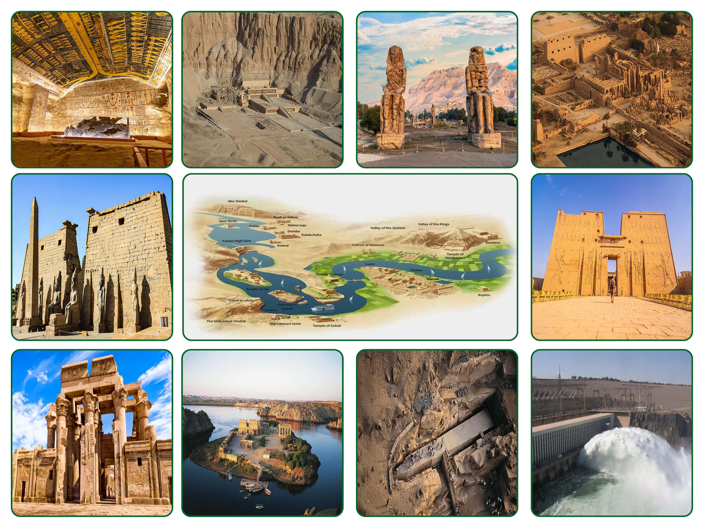 Scenic views along the Nile River with Luxor and Aswan temples, showcasing ancient Egyptian landmarks and the classic Nile cruise experience.