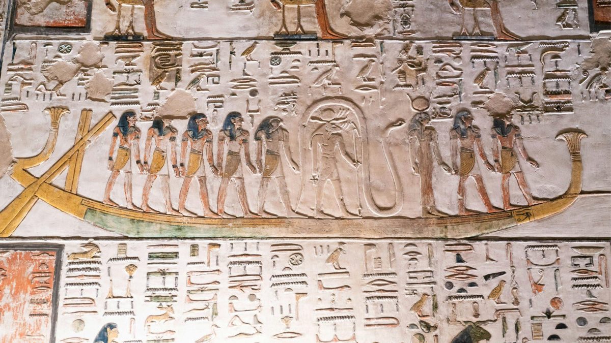 The massive stone columns of the Great Hypostyle Hall at Karnak Temple Luxor Egypt