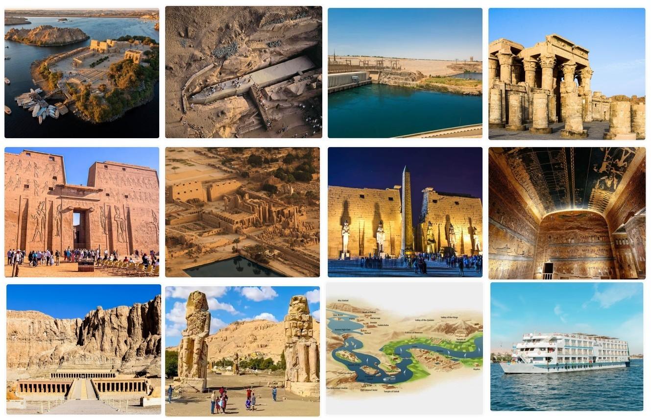 Luxury Nile cruise ship sailing from Aswan to Luxor with views of the Nile River and surrounding landscapes