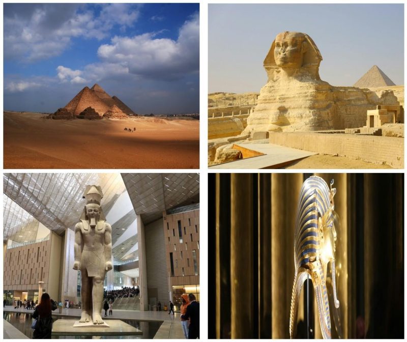 Pyramids of Giza in Cairo, Egypt with tourists taking photos