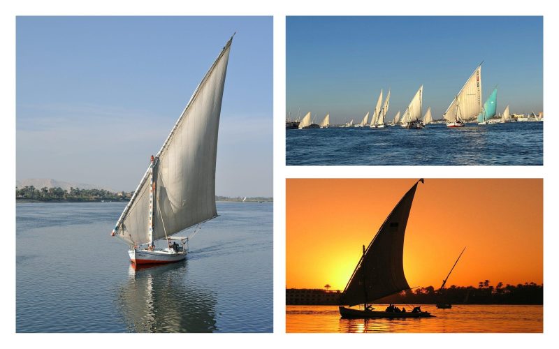 Traditional Nile felucca sailing in Luxor, Egypt, with scenic river views, palm-lined shores, and the Theban hills in the background.
