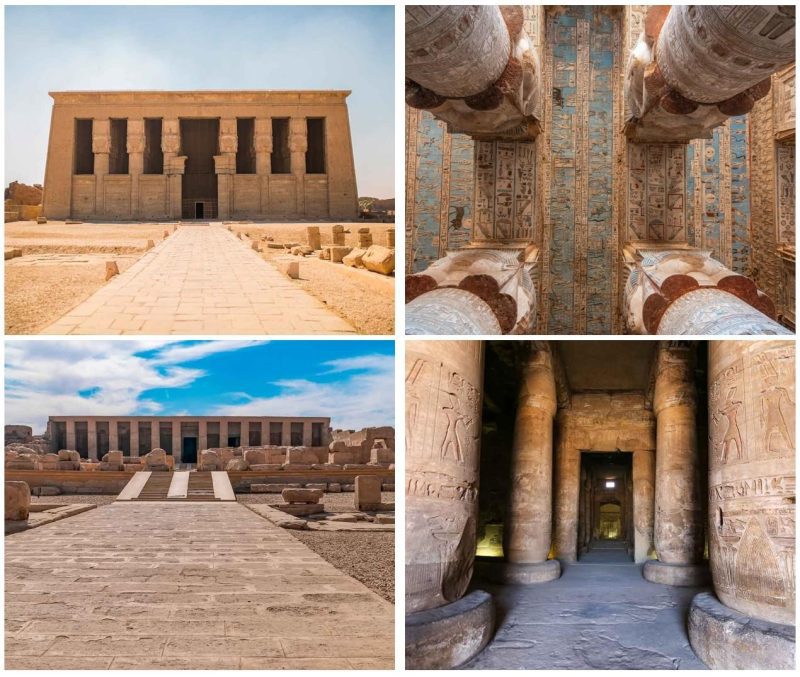 Exterior view of Dendera Temple with Hathor columns and colorful astronomical ceiling details