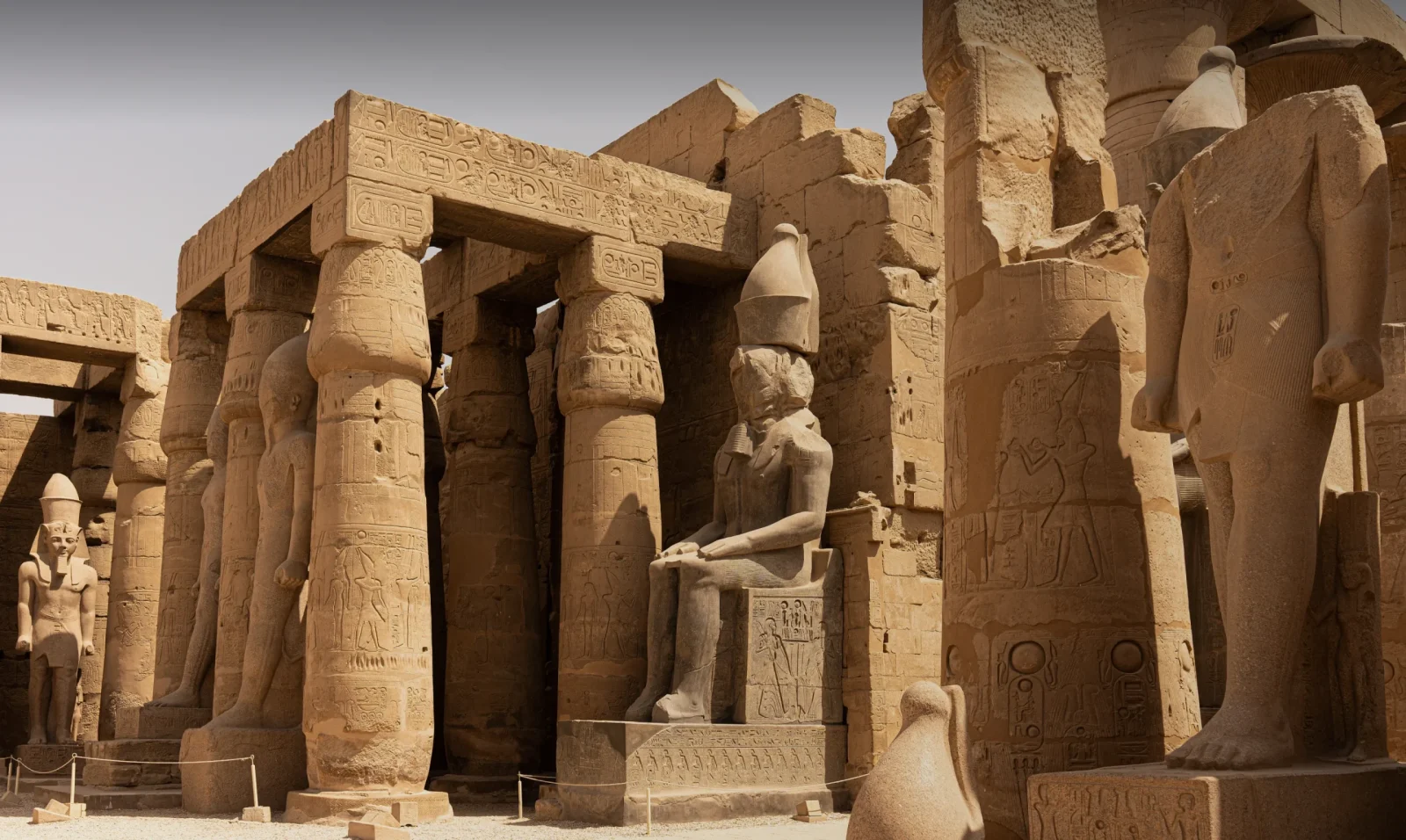 A panoramic view of the Great Pyramids of Giza under a clear blue sky, showcasing luxury Egypt travel tour packages.