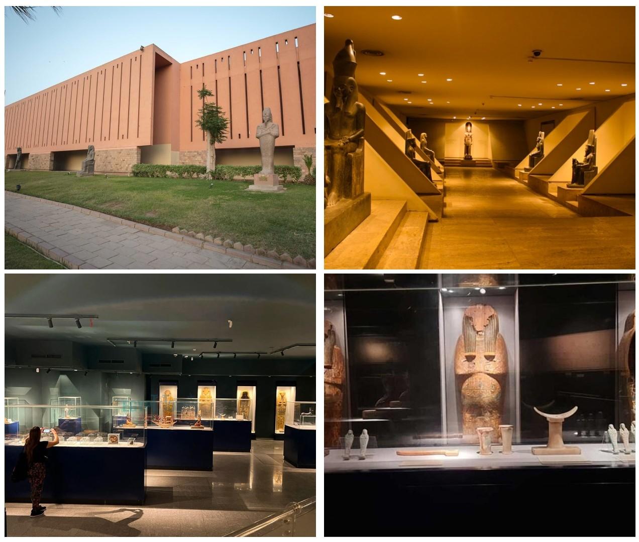 Luxor Museum & Mummification Museum Tour – Visitors exploring statues, artifacts, and royal mummies with a guide in a quiet museum setting in Luxor, Egypt.