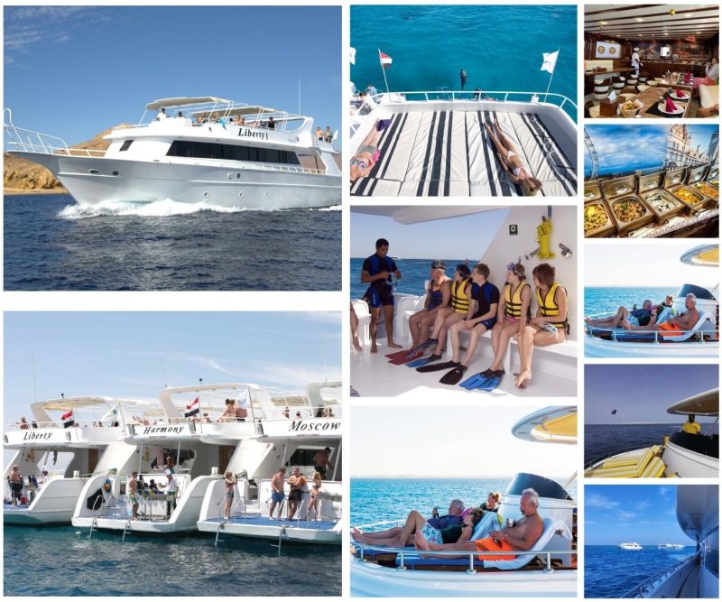 Classic Boat cruise in Sharm El Sheikh with passengers snorkeling and relaxing on sun decks, Red Sea coral reefs visible