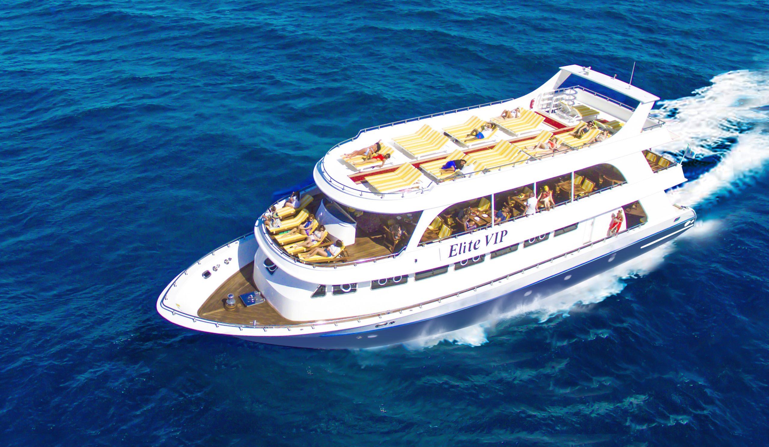 The luxury Elite VIP Cruise yacht in Sharm El Sheikh during a snorkeling trip to White Island and Ras Mohammed.