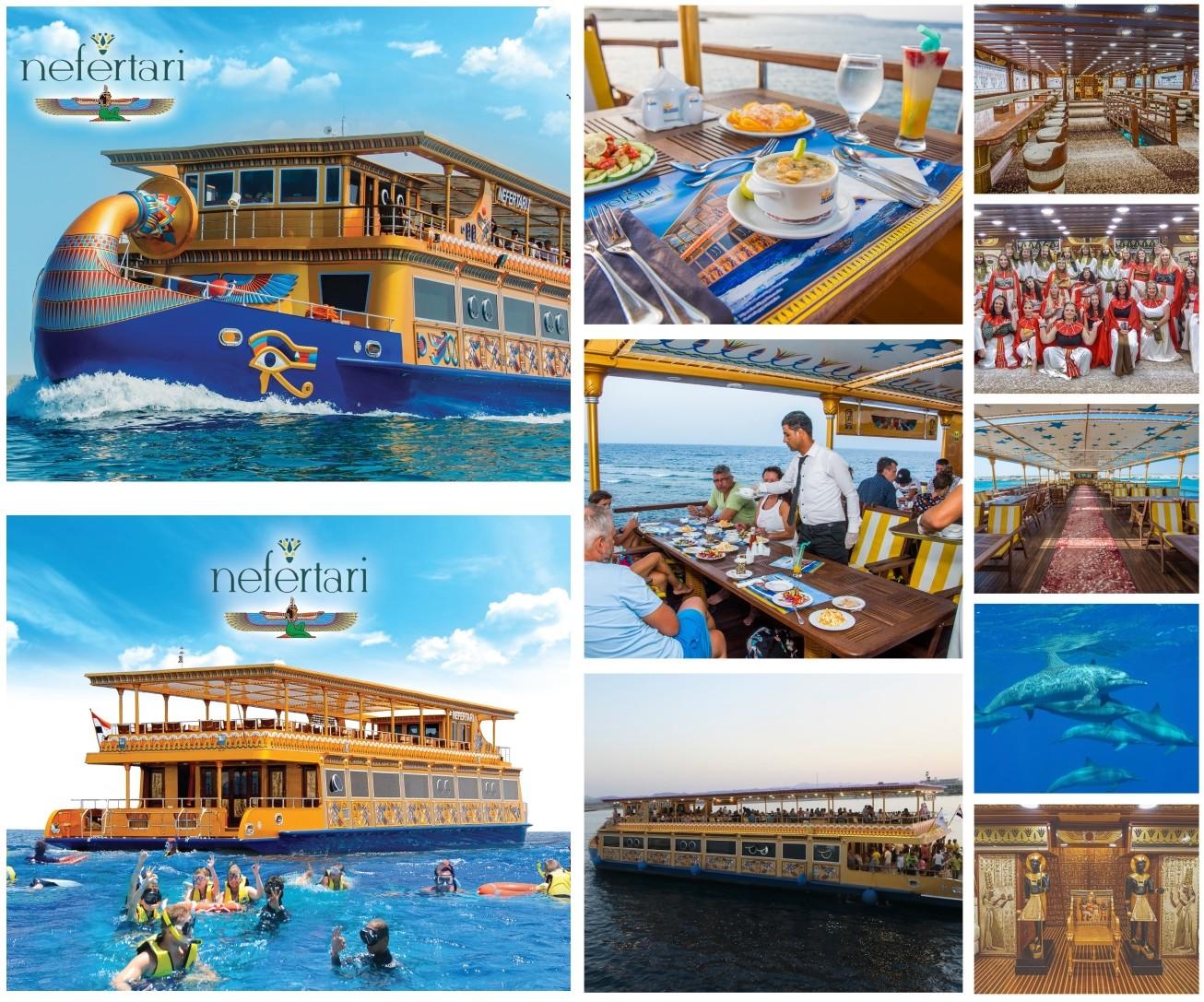 Luxury Nefertari Sea Boat cruising Makadi Bay Red Sea, snorkeling and glass-bottom deck experience