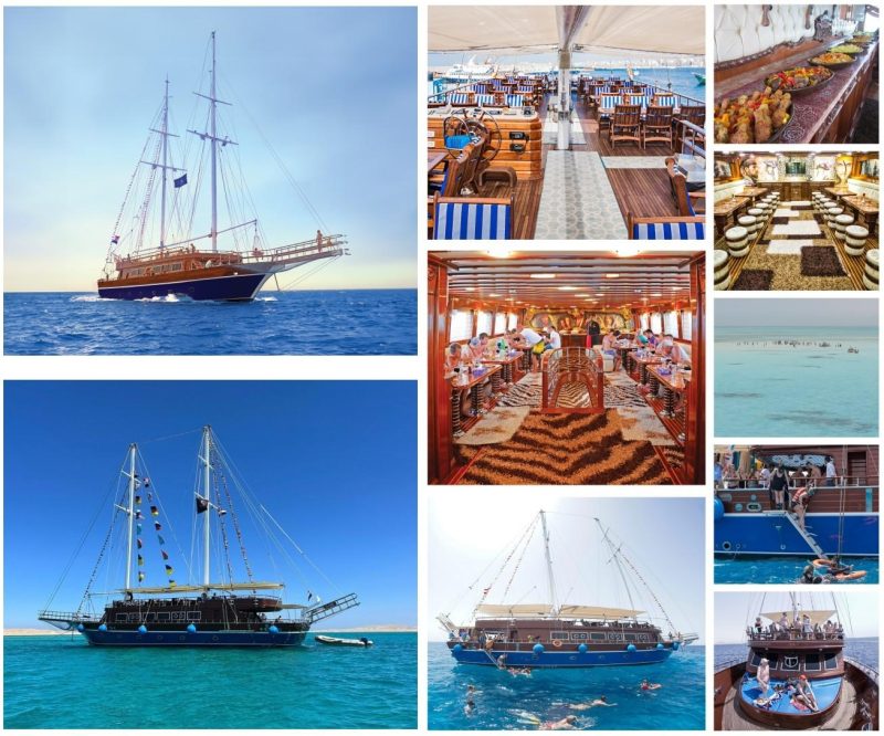 Pirates Sailing Boat in Hurghada Red Sea cruising with passengers enjoying snorkeling and sunbathing