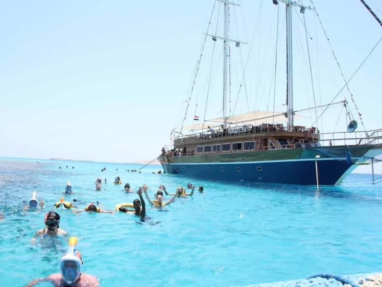 The grand pirate-themed wooden sailing boat cruising the Red Sea waters near Marsa Alam.