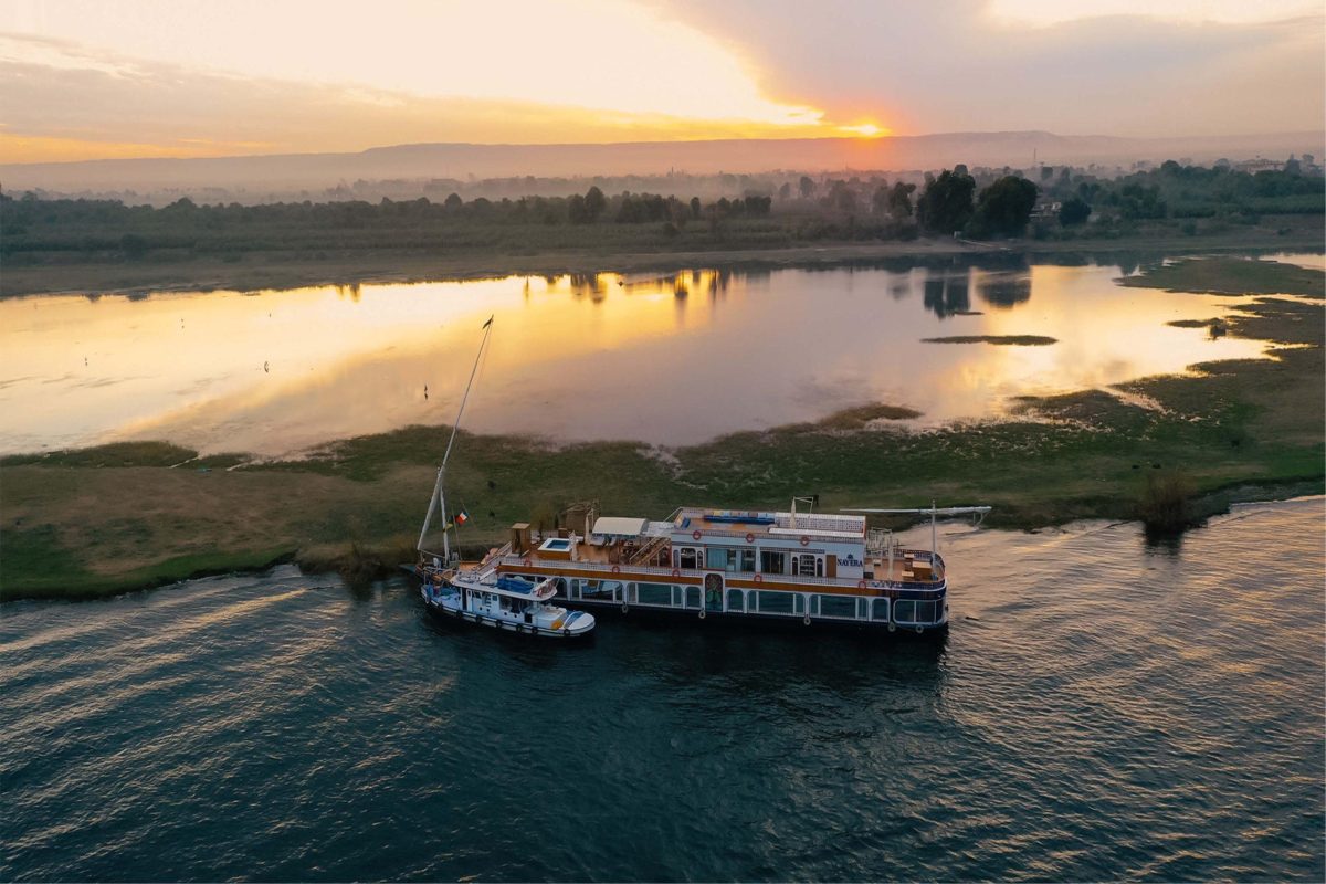 A traditional luxury Dahabiya sailing boat on the Nile during an 8-day Cairo and Nile cruise tour with MSM Travel Egypt.