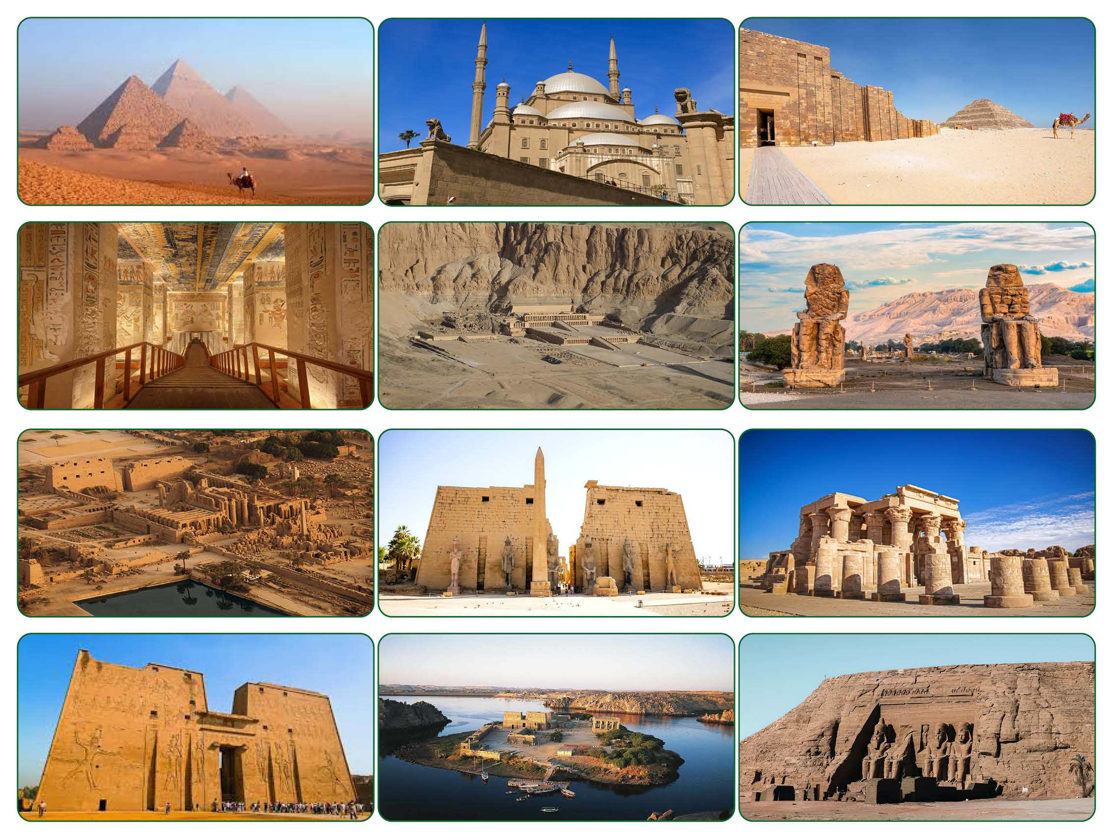 Travelers exploring Egypt’s iconic sites, including the Pyramids of Giza, Luxor temples, and Abu Simbel.