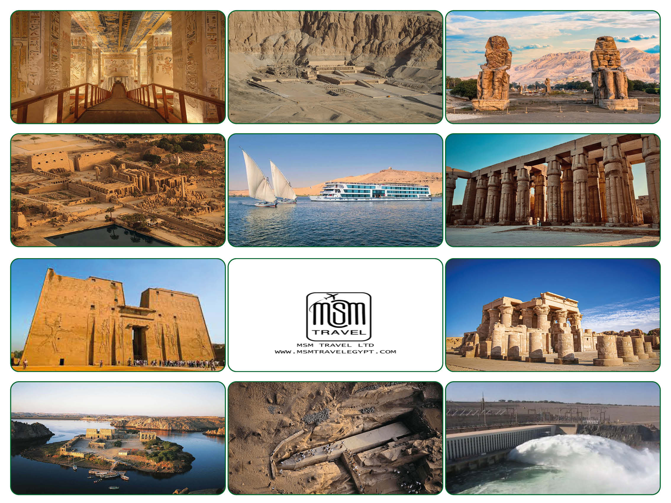 Passengers enjoying a luxurious 5-day Nile cruise from Luxor to Aswan, passing historic temples and river scenery.