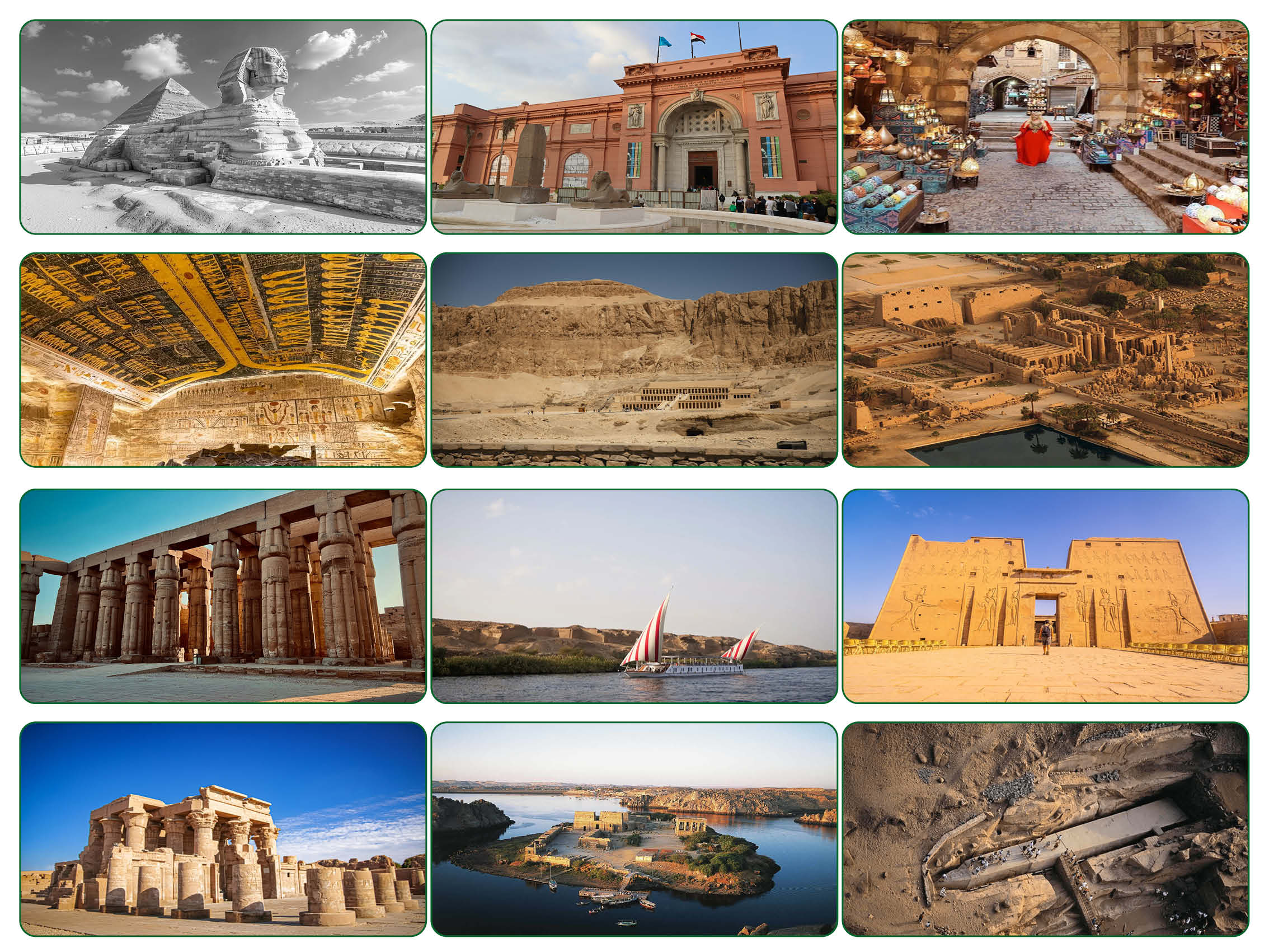 Dahabiya sailing on the Nile at sunset near Luxor with Egyptian temples in the background