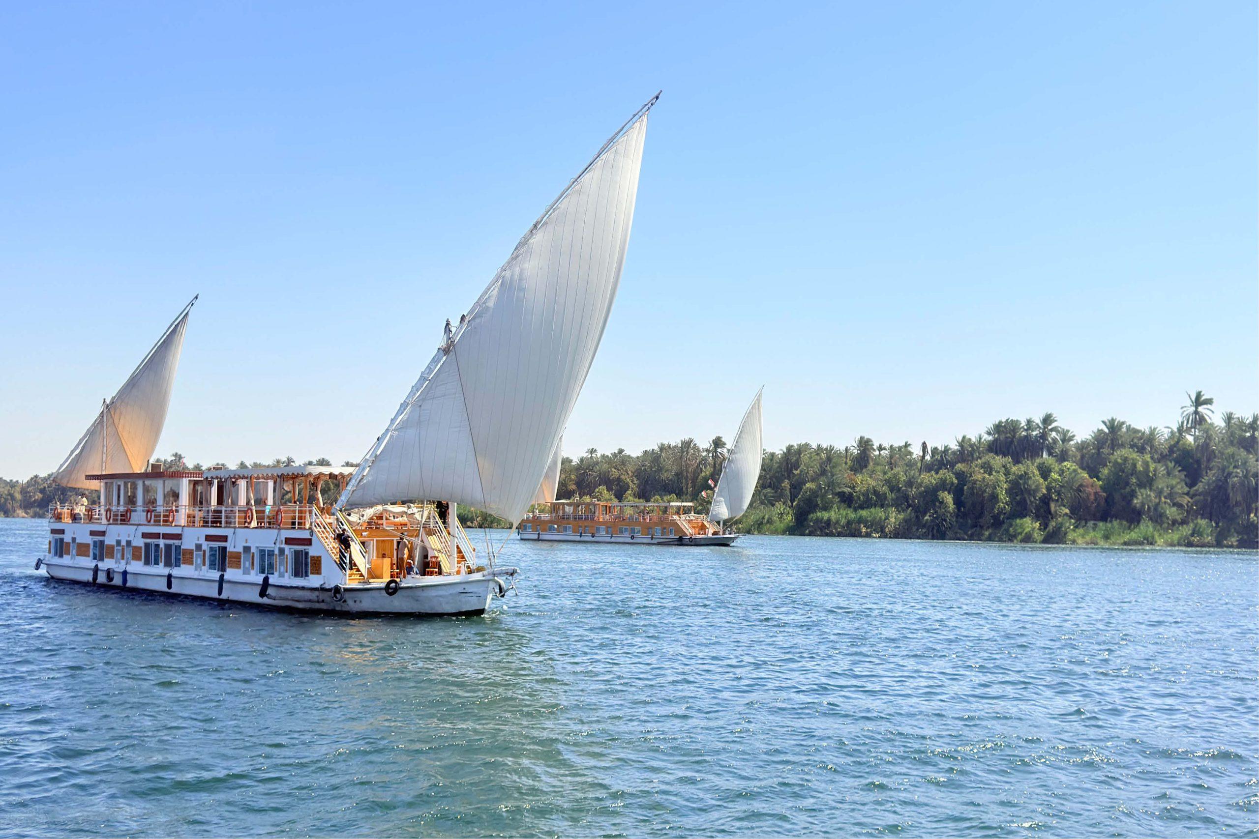 Luxury Dahabiya sailing on the Nile River in Egypt during a peaceful sunset cruise