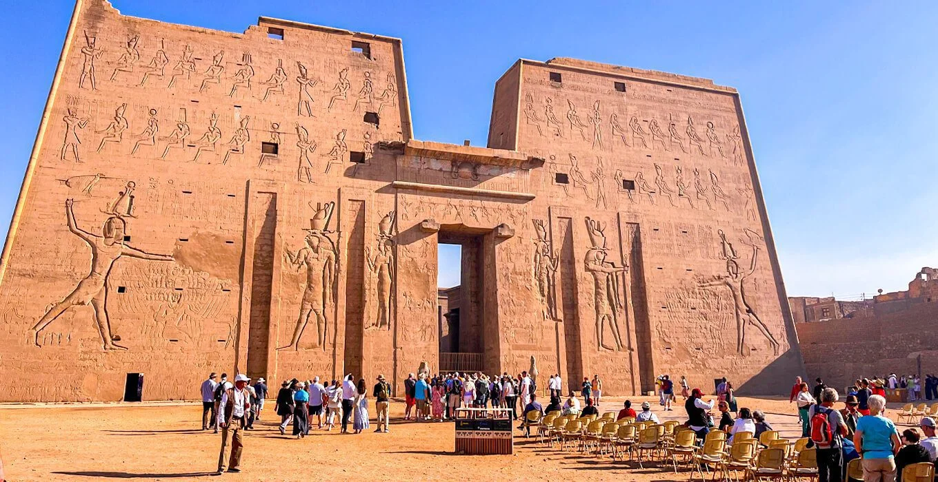 Edfu Temple in Upper Egypt, showing the towering pylons and intricate carvings dedicated to Horus
