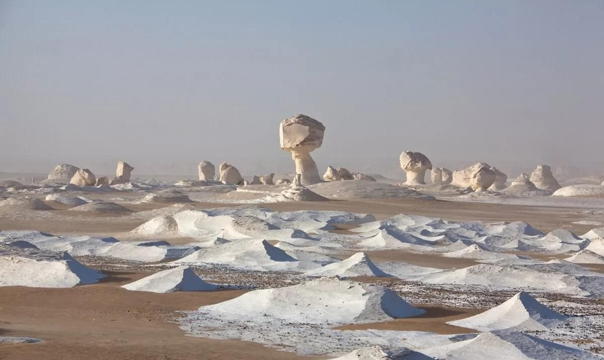 Egypt adventure travel msm travel Egypt White chalk rock formations in the White Desert National Park with a 4x4 safari jeep.