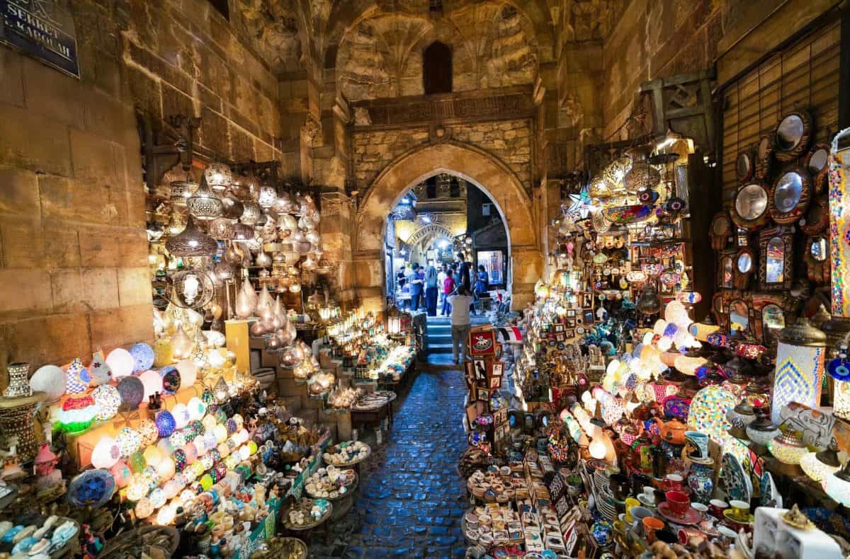 Traditional golden lanterns and brass lamps displayed at Khan el-Khalili Bazaar in Old Cairo, Egypt.