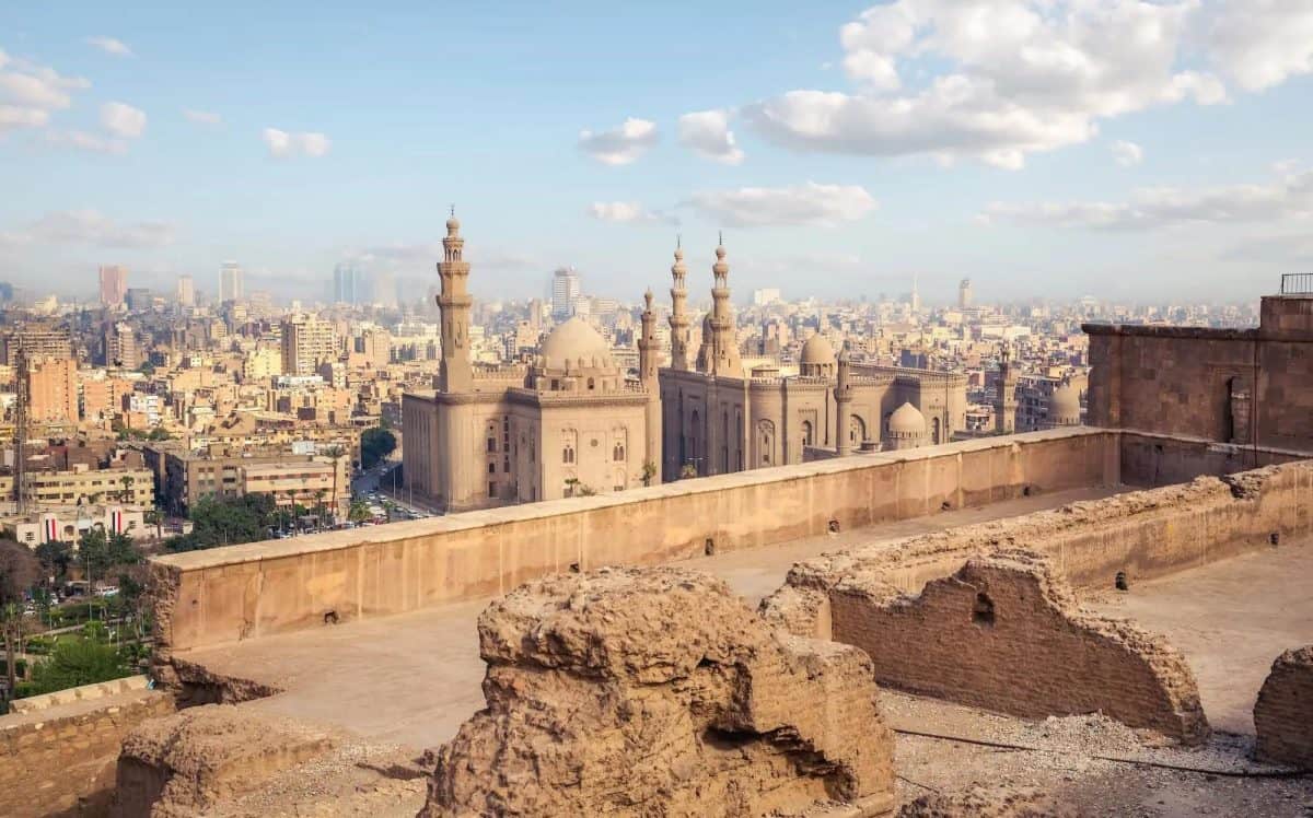 A panoramic view of the Saladin Citadel and Mosque of Muhammad Ali in Old Cairo, Egypt.