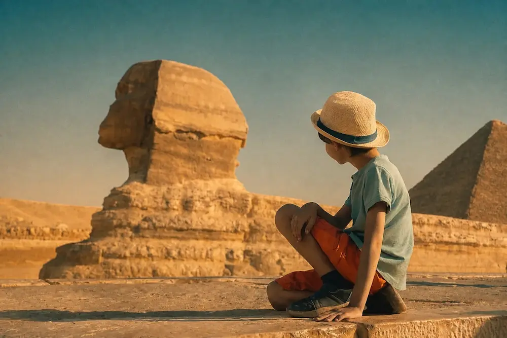 Family riding camels in front of the Great Pyramids of Giza during a trip to Egypt with kids