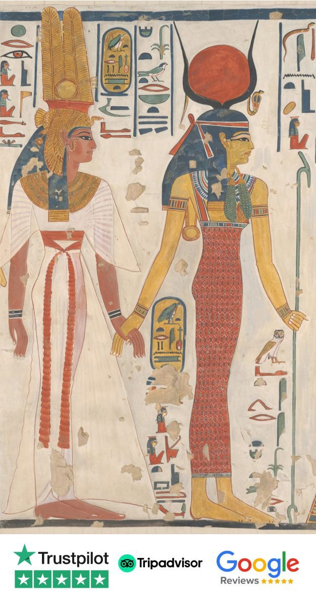 Ancient Egyptian wall painting of Queen Nefertari holding hands with goddess Isis - MSM Travel Egypt