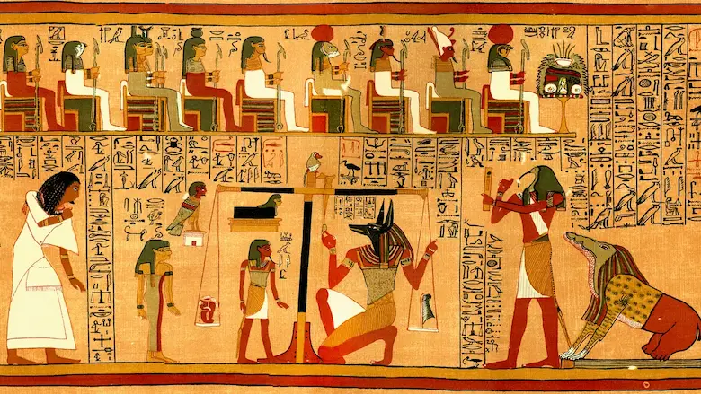 Ancient Egyptian Gods and Goddesses illustration showing major deities, myths, and temple symbols