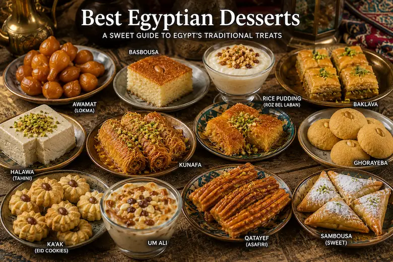 An assortment of traditional Egyptian desserts arranged on plates, including Basbousa, Kunafa, Um Ali, Rice Pudding, Baklava, Ghorayeba, Ka'ak, and Qatayef.