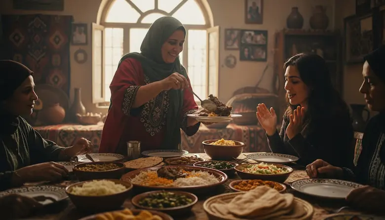 An Egyptian hostess serving a hot dish to guests gathered around a feast-laden dinner table, illustrating Egyptian hospitality and dining etiquette.