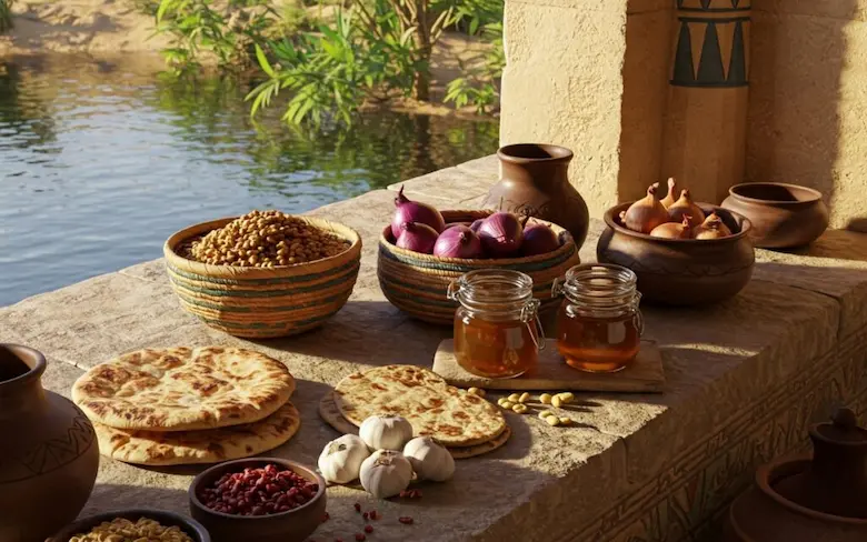 A colorful spread of traditional Egyptian food featuring Koshari, Ful Medames, Ta'ameya, and fresh pita bread.
