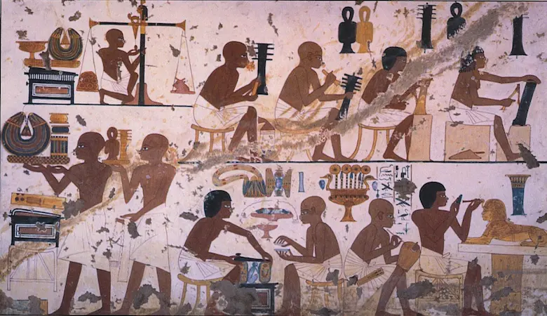 Ancient Egyptian wall painting from the Tomb of Rekhmire showing artisans and craftsmen working in workshops.