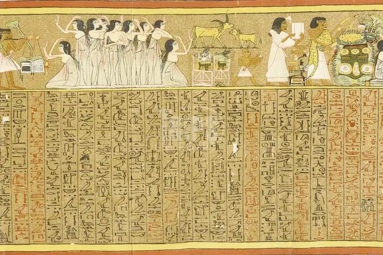 Ancient Egyptian papyrus scroll from the Book of the Dead showing hieroglyphic spells and painted illustrations of figures in ritual mourning and offerings.